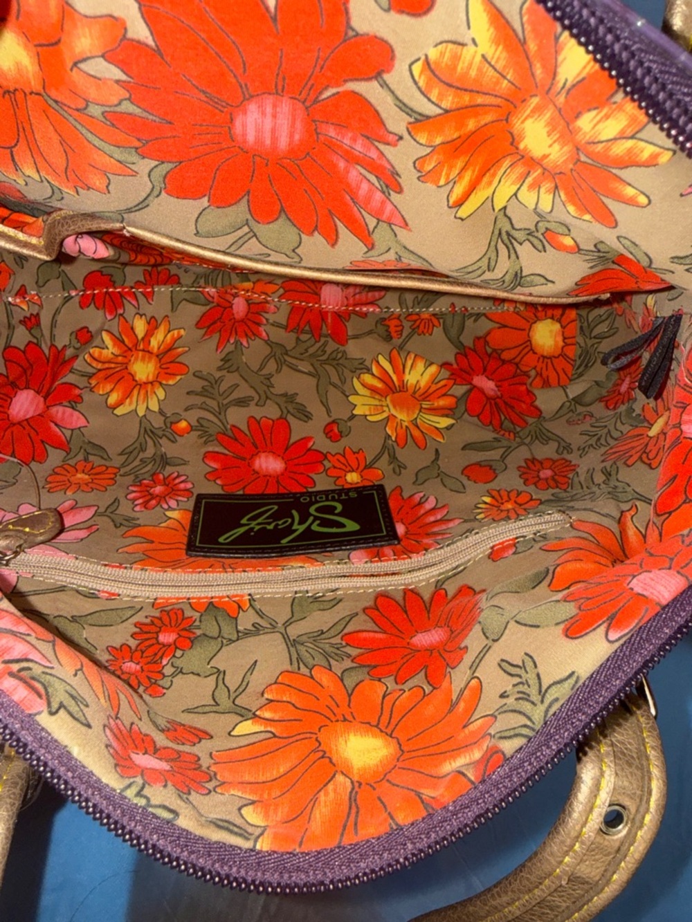 Sharif Purple Croc-Embossed Satchel with Gold Trim - Picture 11 of 16